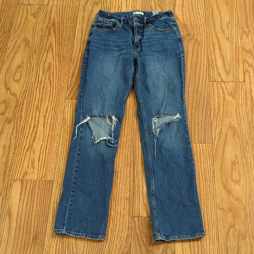 Good American Nico Jeans Indigo Wash Straight Leg Tattered Knees Stretch Size 4